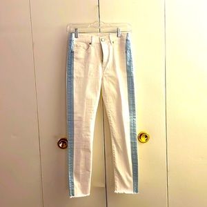 White Jeans with blue stripes.  Never worn.  Tag is attached.